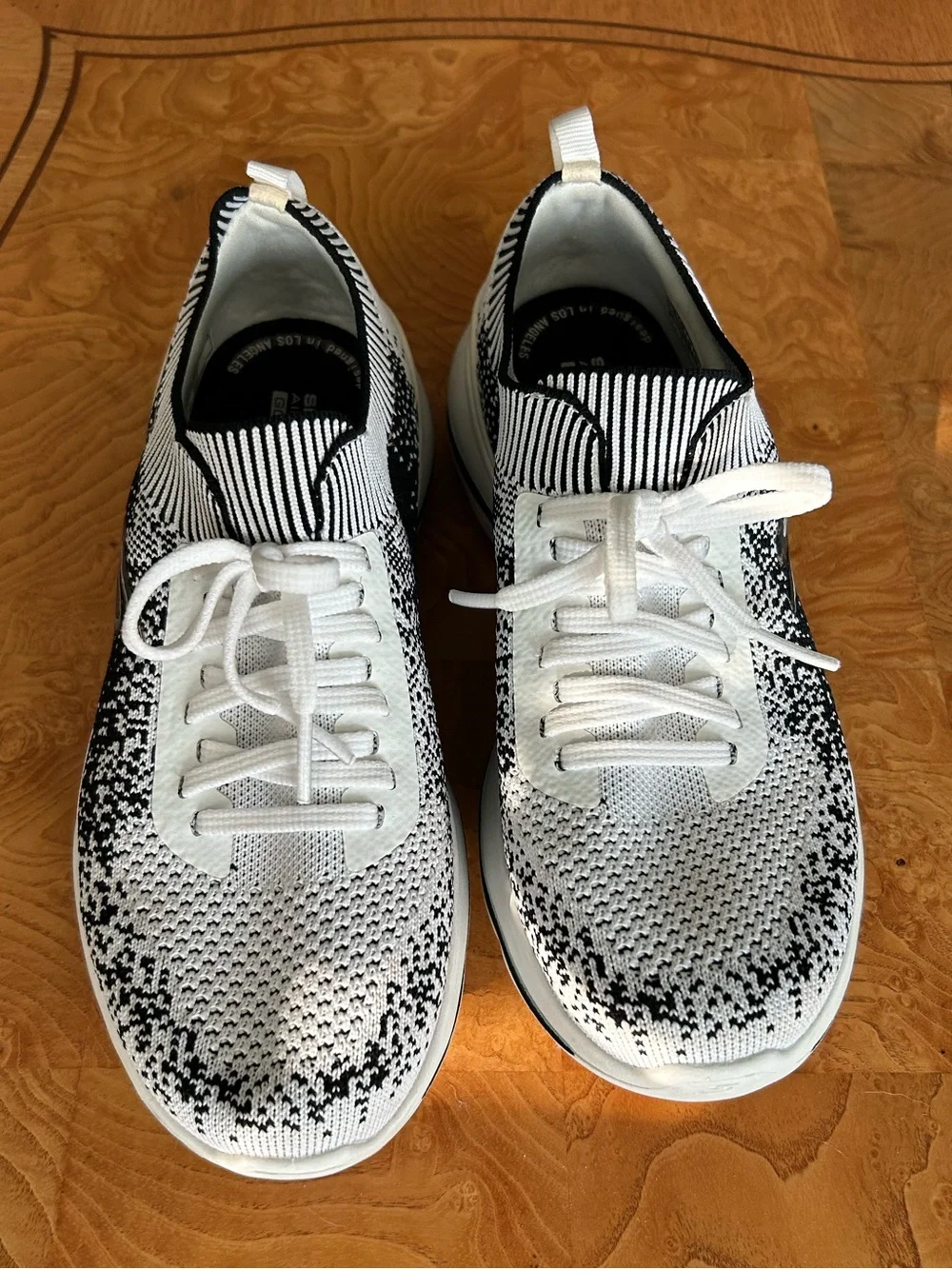 Skechers Women’s White and Black Knit Lace-Up Slip-On Sneakers